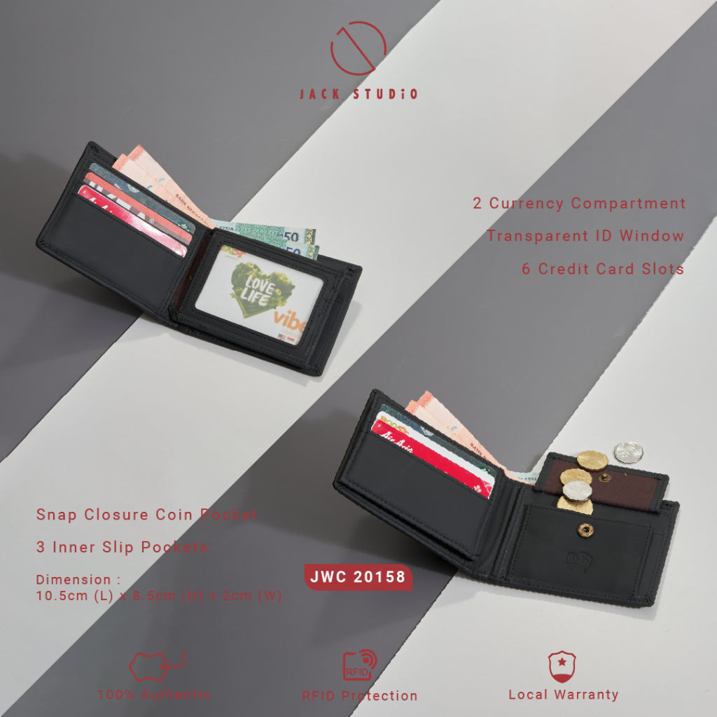 Jack Studio Men's Top Grain Leather Bi-Fold Black Wallet Free Name Engraving- 3 Patterns - JWC 20156/20157/20158 (Metal Box Packaging) - Jack Studio Marketing Sdn Bhd