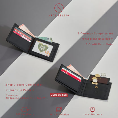 Jack Studio Men's Top Grain Leather Bi-Fold Black Wallet Free Name Engraving- 3 Patterns - JWC 20156/20157/20158 (Metal Box Packaging) - Jack Studio Marketing Sdn Bhd