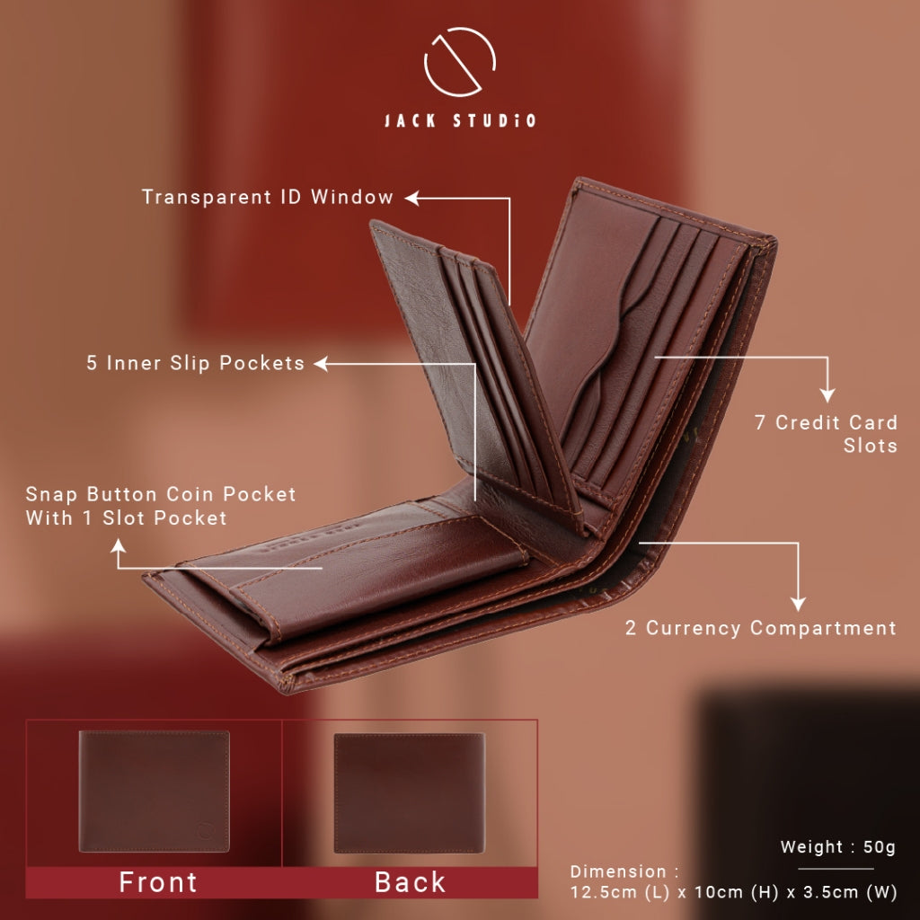 Jack Studio Vegetable Tanned Cow Leather Big Size Bifold Men’s Wallet with coin pocket - JWC 30862 - Jack Studio Marketing Sdn Bhd