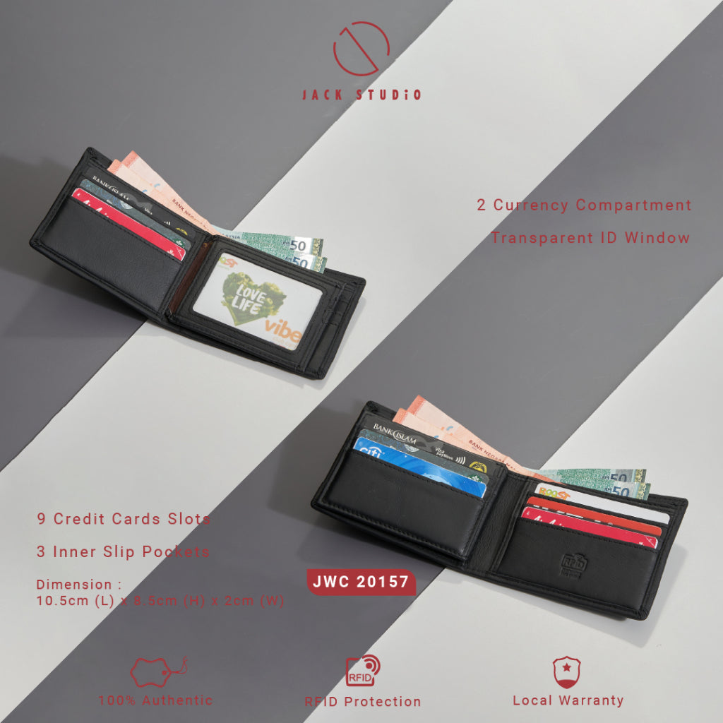Jack Studio Men's Top Grain Leather Bi-Fold Black Wallet Free Name Engraving- 3 Patterns - JWC 20156/20157/20158 (Metal Box Packaging) - Jack Studio Marketing Sdn Bhd