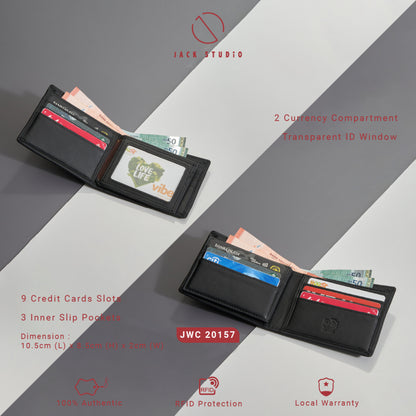 Jack Studio Men's Top Grain Leather Bi-Fold Black Wallet Free Name Engraving- 3 Patterns - JWC 20156/20157/20158 (Metal Box Packaging) - Jack Studio Marketing Sdn Bhd