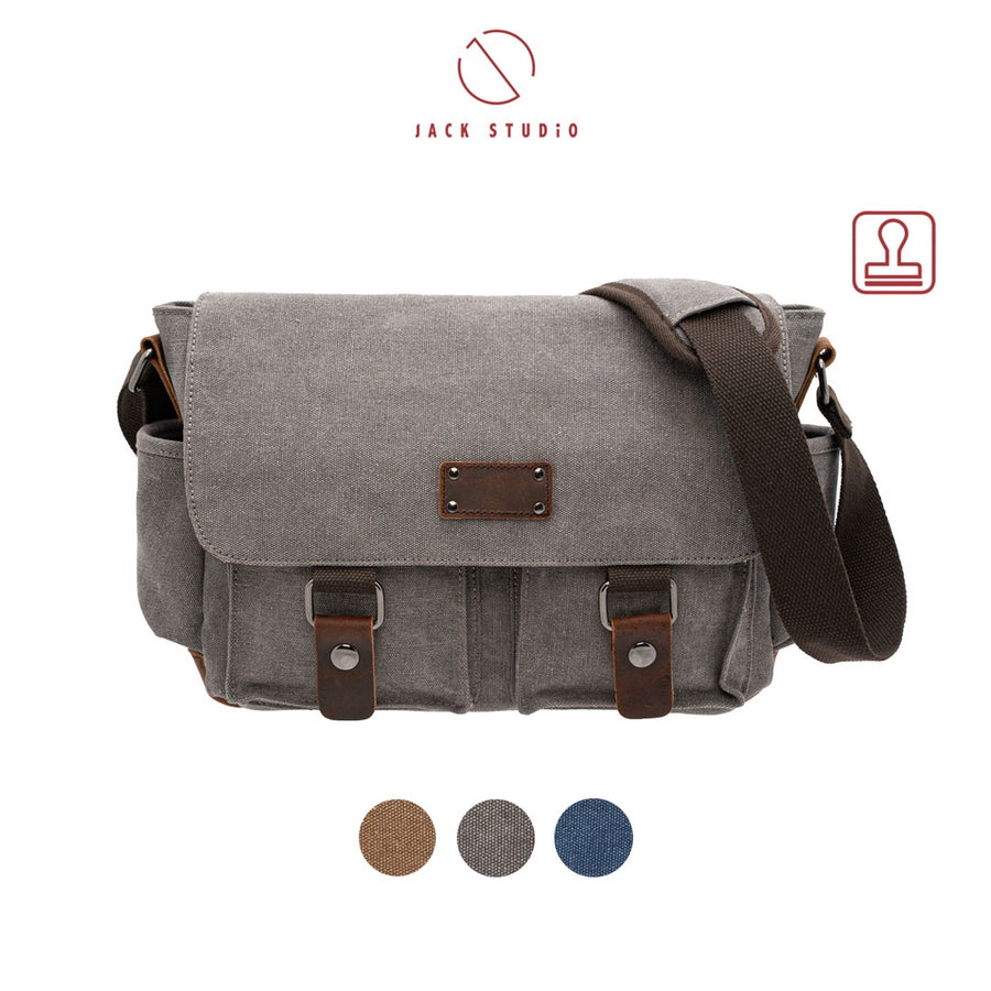 Jack Studio Free Engraved Name 2 Size Canvas Leather Crossbody Sling Messenger Bag - BAD 21005/ 40106